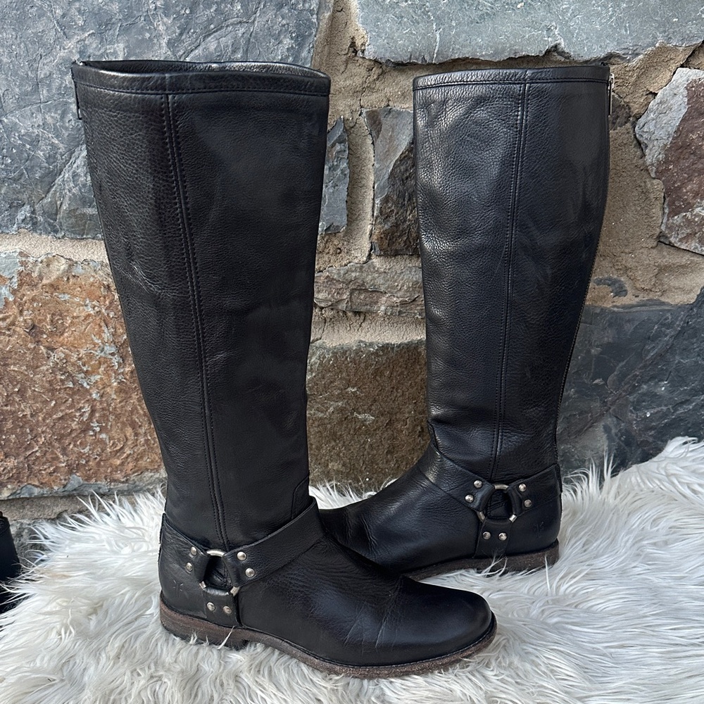 Frye Phillip Harness Tall Women's Leather Casual Dress Boots in Black Size 9.5 - Picture 3 of 10